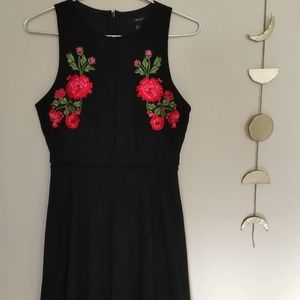 Rose Embroidered Black Skater Dress